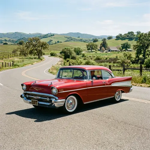Classic Red Car on Sunny Road | Vintage 1950s Design