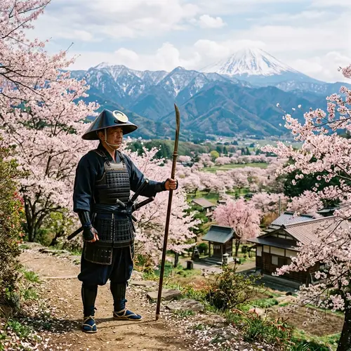 Samurai in Jingasa: Cherry Blossoms & Mountains