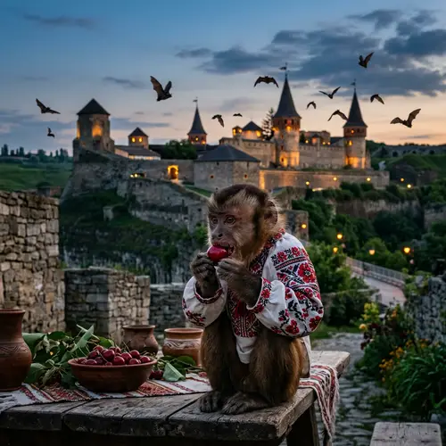 Ukrainian Monkey Enjoying Cherry in Medieval Castle Setting
