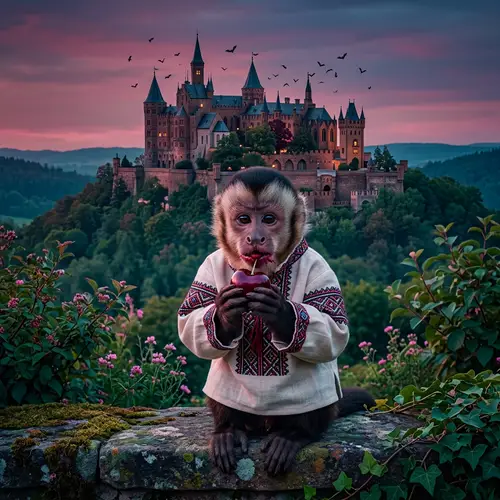 Adorable Monkey Eating Cherry at Castle | Ukrainian Shirt