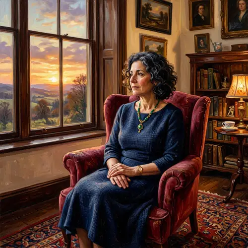 Middle-Aged Woman Oil Painting in Navy Blue Dress