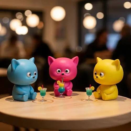 Colorful Labubu Toys Enjoy Cocktails at Cafe