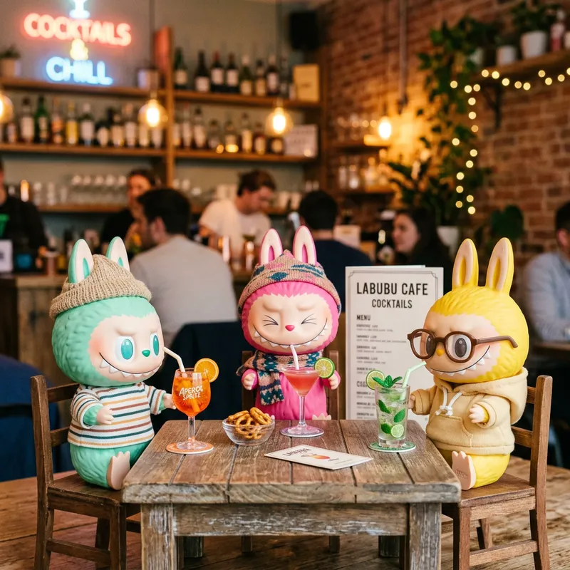 Colorful Labubu Toys Enjoy Cocktails at Cafe Colorful Labubu Toys Enjoy Cocktails at Cafe