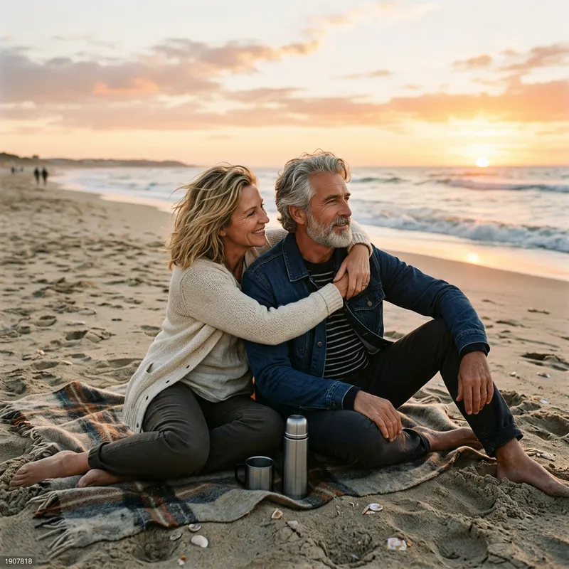Romantic Beach Moment: Couple Embracing at the Shore