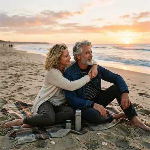 Romantic Beach Moment: Couple Embracing at the Shore