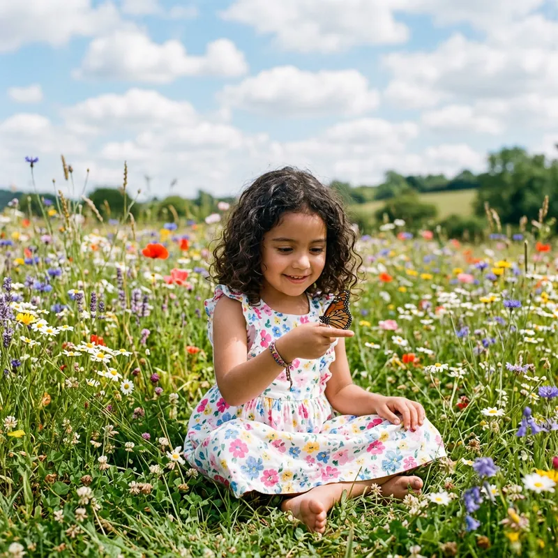 Cute Girl in Summer Dress with Butterfly in Wildflower Field