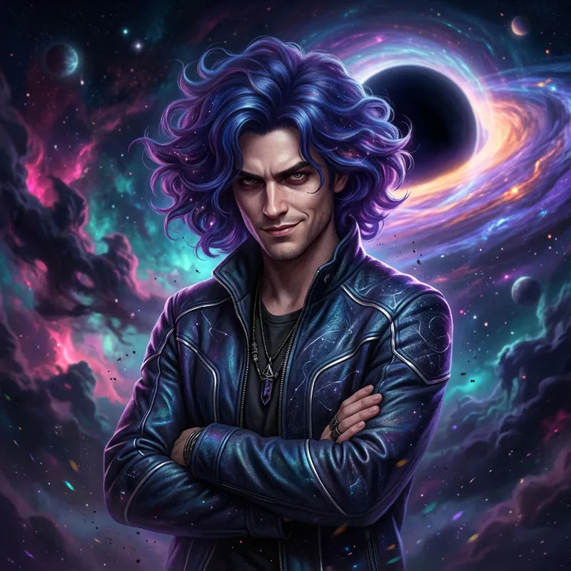 Enigmatic Young Man with Blue-Purple Galaxy Hair | Iridescent Universe