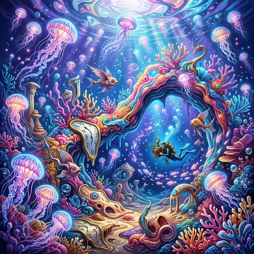 Surreal Underwater Vista: Dalí-Inspired Jellyfish & Coral