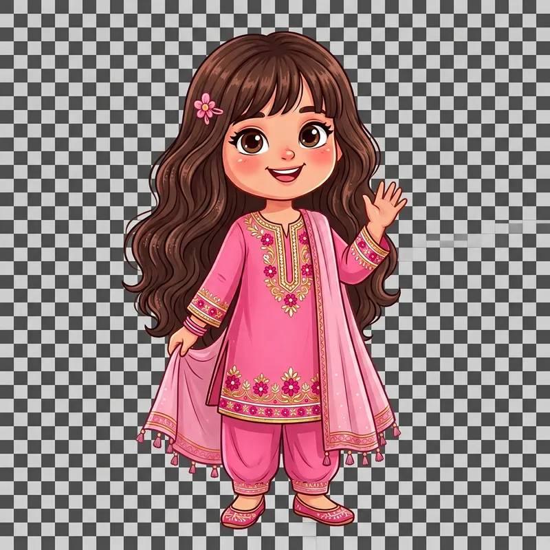 Cute Animated Girl with Long Hair in Pink Shalwar Kameez