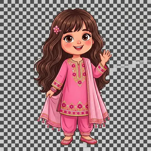 Cartoon Girl with Long Hair in Pink Pakistani Shalwar Kameez