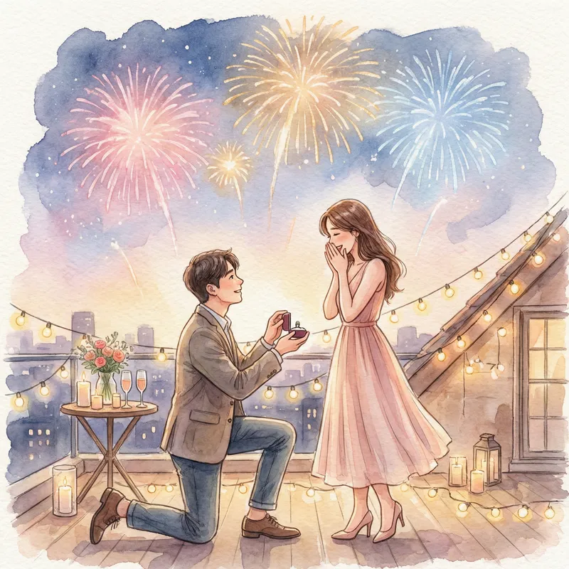 Romantic Rooftop Proposal with Fireworks