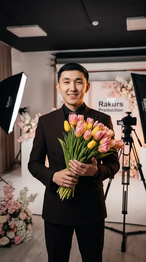 Kazakh Man with Tulips in Elegant Photo Studio