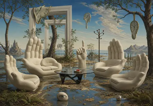 Surreal Dali Landscape with Five Armchairs