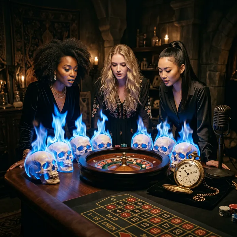 Enigmatic Scene: Burning Skulls, Roulette, Pocket Watch & Diverse Women