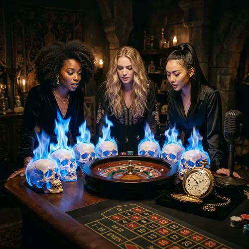 Mystical Scene with Burning Skulls, Roulette & Diverse Women