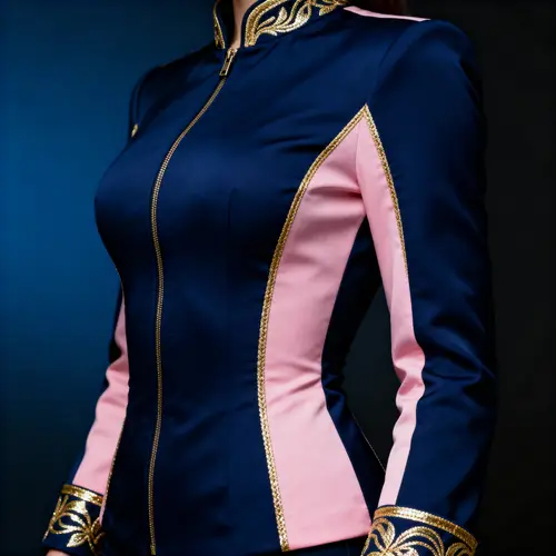 Night Blue Body-Hugging Jacket with Pink and Gold Details
