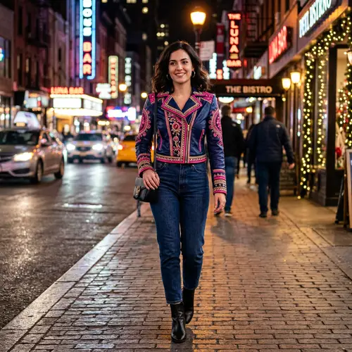 Night Blue Body-Hugging Jacket with Pink and Gold Details