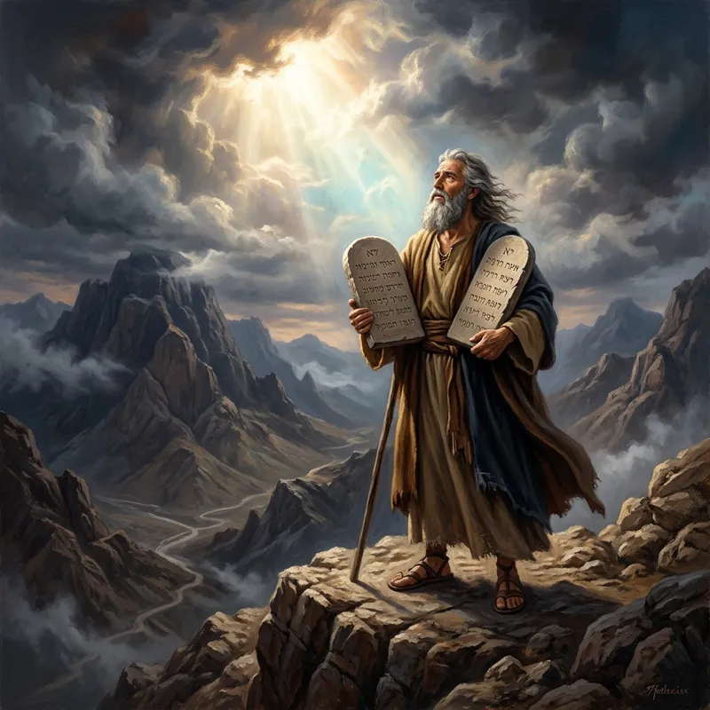 Moses Receives Ten Commandments: Divine Revelation at Mount Sinai Moses Receives Ten Commandments: Divine Revelation at Mount Sinai