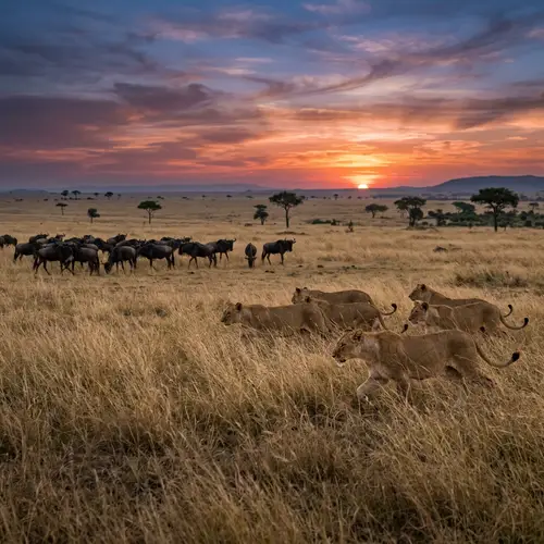 Majestic Lions Hunting in the African Plains at Twilight