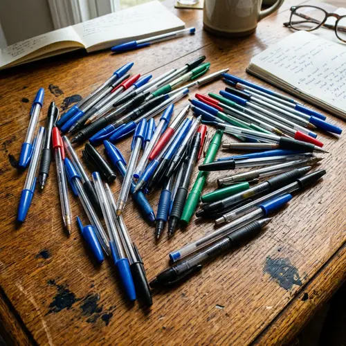 Dynamic Array of Ballpoint Pens on Wooden Desk