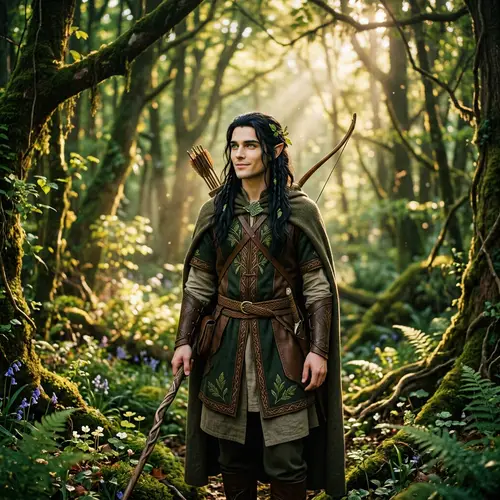 Elf Man with Black Hair and Green Eyes in Enchanted Forest