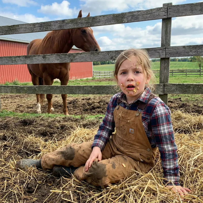 Girl Covered in Horse Dung: Farmyard Surprise