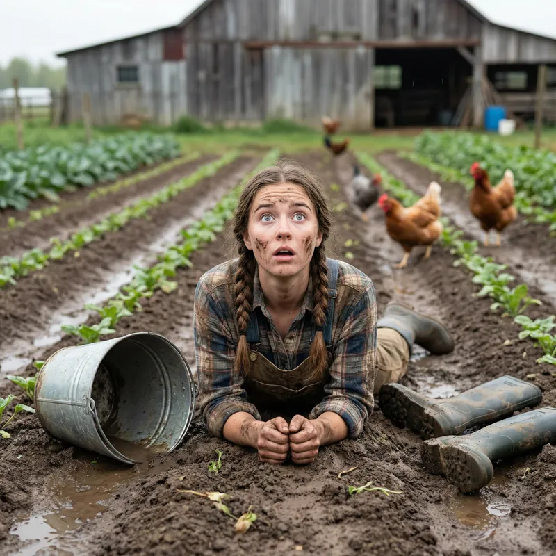 Realistic Illustration: Girl Falls into Cow Dung in Farm Scene
