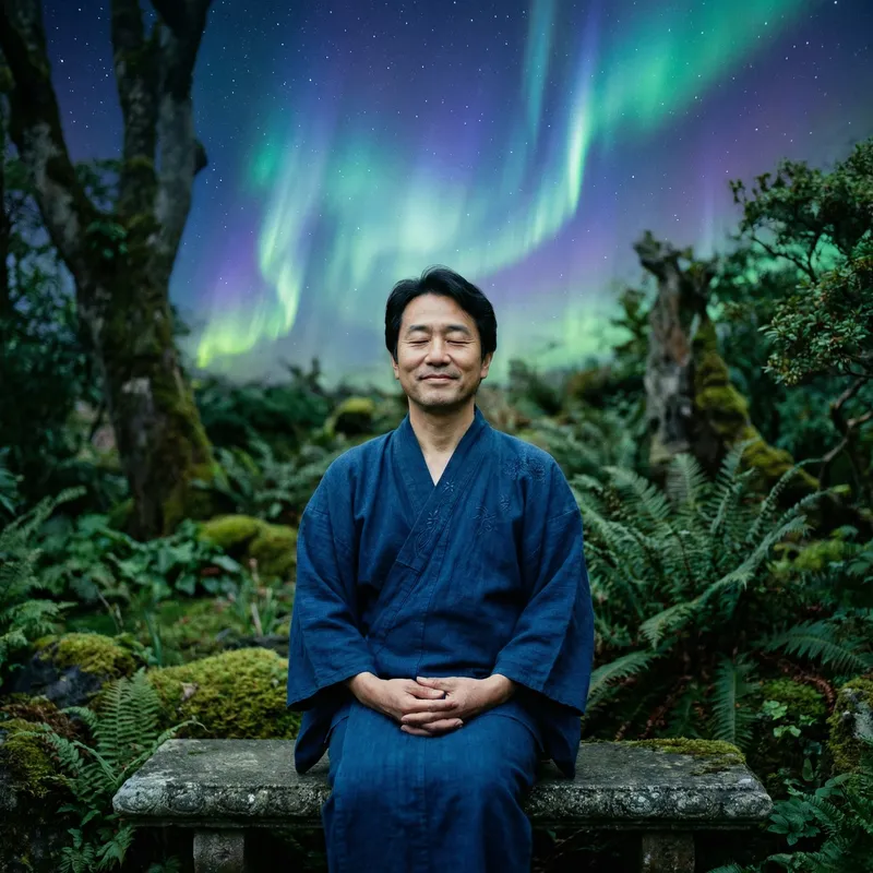 Serene Asian Male Portrait with Ethereal Auroras | Classic Literature Scene