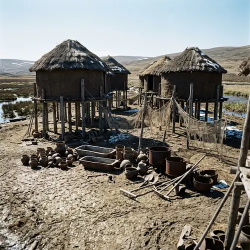 Desolate Rural Settlement | Round Brown Houses, Fishing Nets & Decay