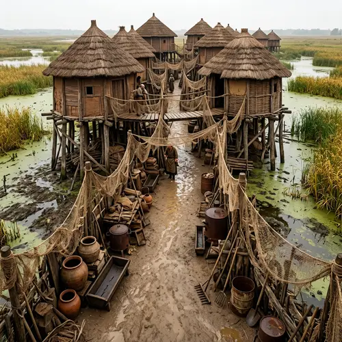 Mysterious Rural Scene with Round Houses on Stilts