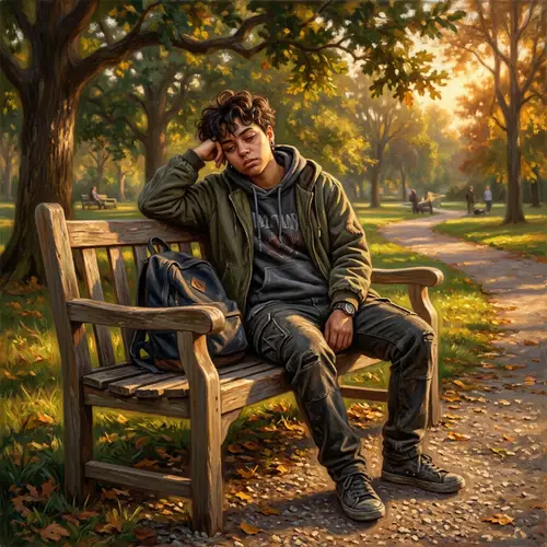 Realistic Oil Painting of Tired Person Sitting on Park Bench