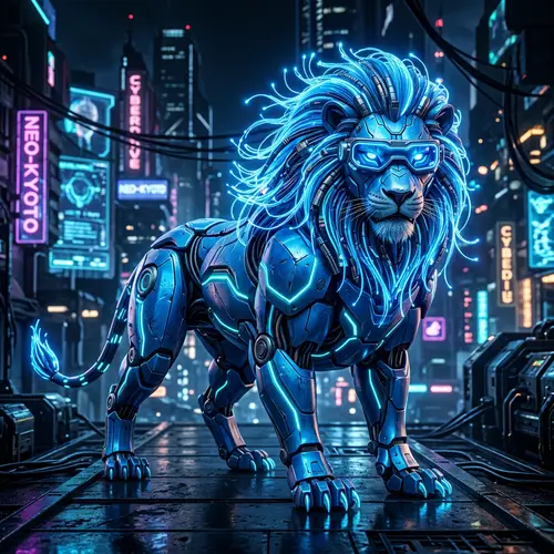 Futuristic Mechanical Lion with Cyberpunk Design