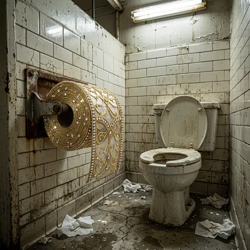 Luxurious Diamond and Gold Embellished Toilet Paper in Grimy Setting