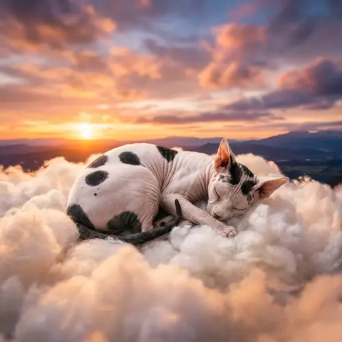 White Canadian Sphynx Cat with Black Spots Resting on Cloud