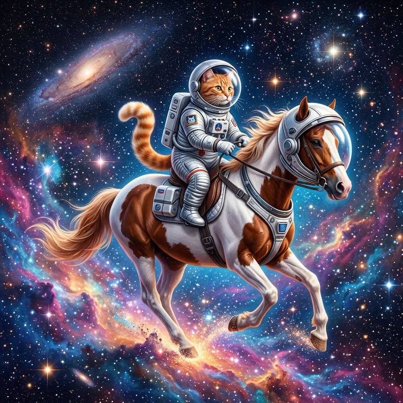 Orange Cat Riding a Horse in Space Adventure