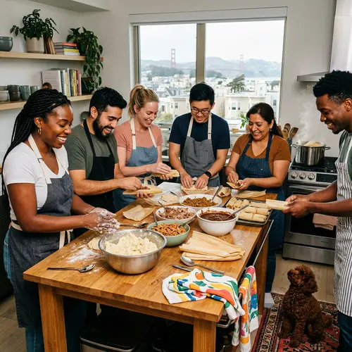 Multicultural Group Hand-Making Tamales in San Francisco Apartment