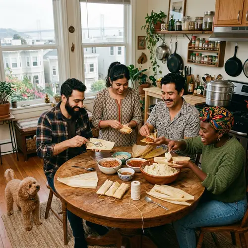 Multicultural Group Hand-Making Tamales in San Francisco