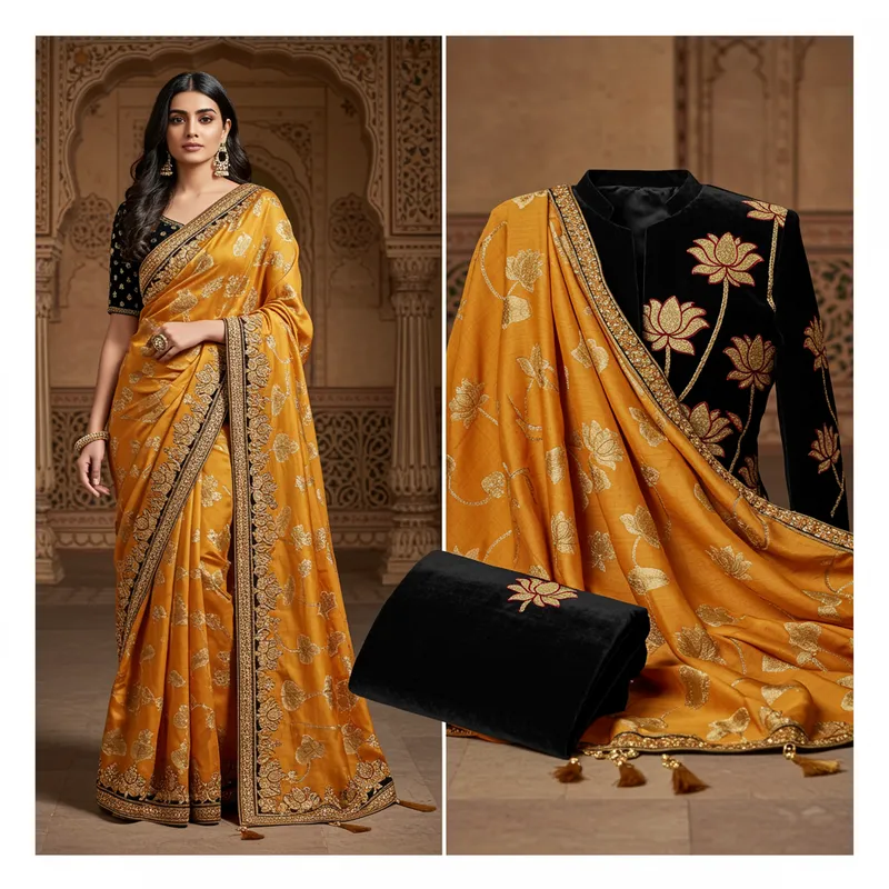 Luxury Saari with Lotus Embroidered Jacket