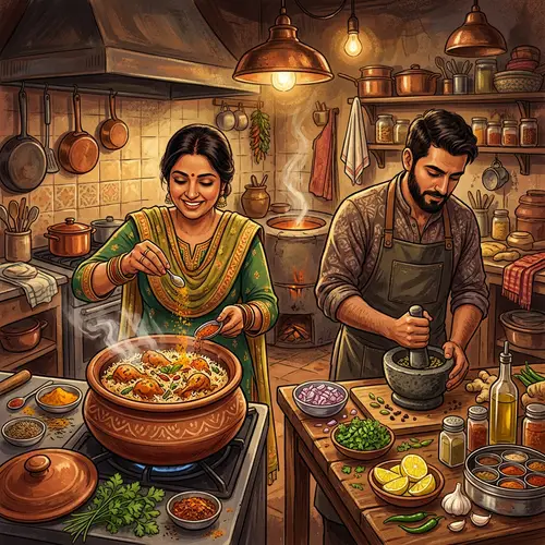 Vibrant South Asian Kitchen Scene with Spices and Ingredients