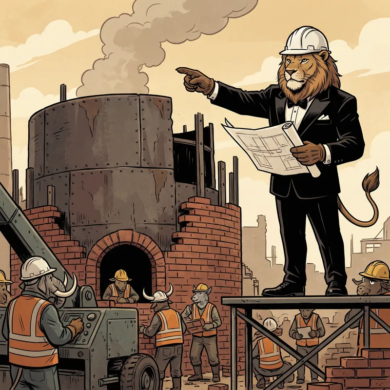 Feline Manager Supervising Furnace Construction Site