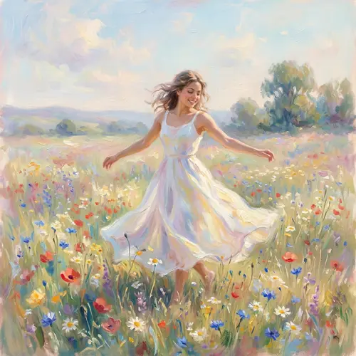 Young Woman Dancing in Field of Wildflowers | Tranquil Impressionist Scene