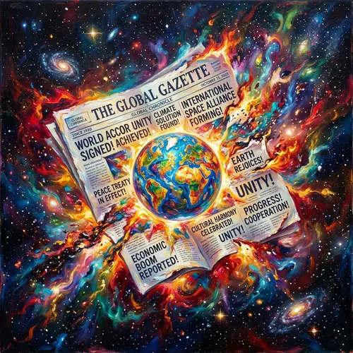 Expressive Oil Painting of Newspaper with Globe in Nebula