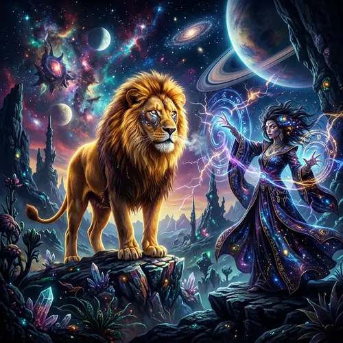 Majestic Lion and Enigmatic Witch in Extraterrestrial Sci-Fi Scene
