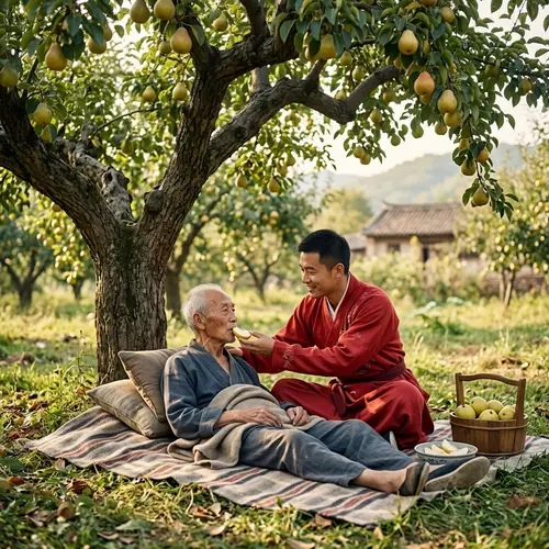 Traditional Clothing Men Under Pear Tree | Feeding Pears Scene