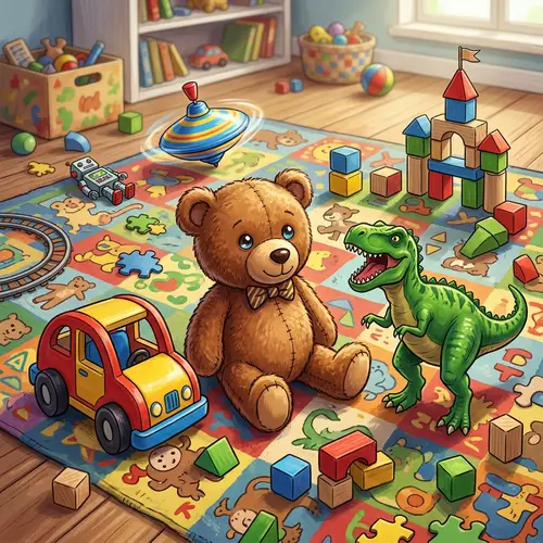 Colorful Toy Illustration with Teddy Bear, Dinosaur, and Car
