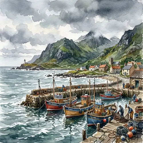 Watercolor Seascape with Fishing Boats and Port
