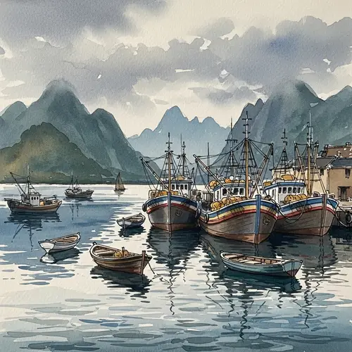 Watercolor Seascape with Fishing Boats and Port