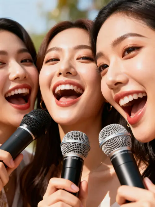 Close-Up of Women with Microphones