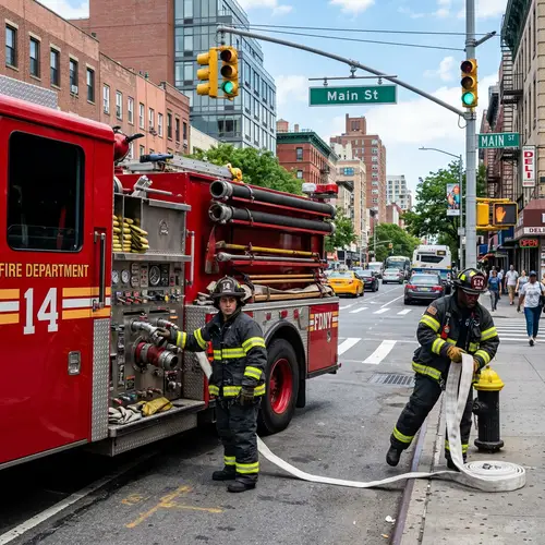 Urban Firefighters: Red Fire Truck in City Street