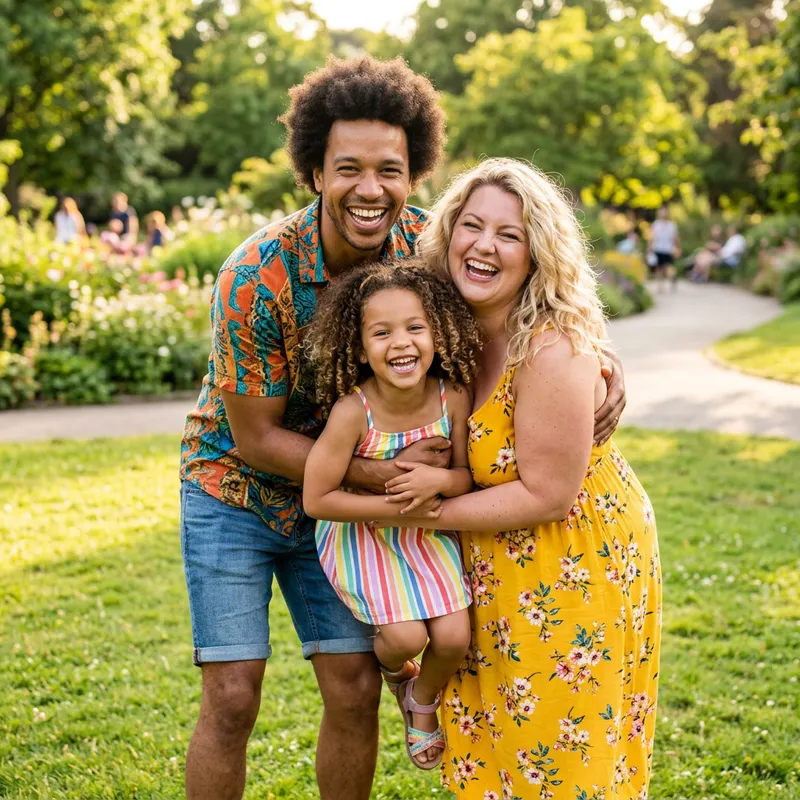 Joyful Afro-Light Man, Blonde Woman, and Daughter Smiling